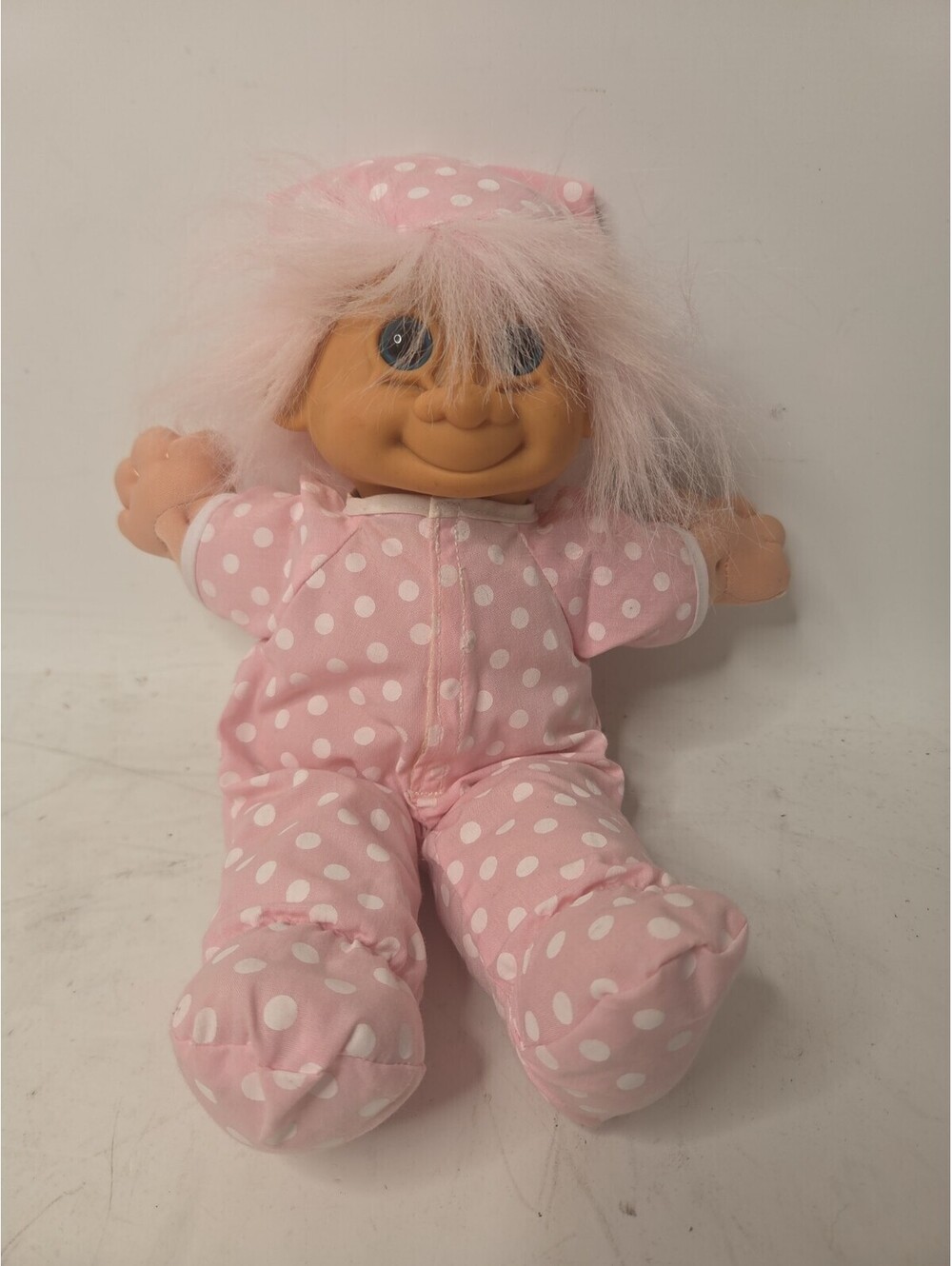 Vintage Russ Berrie 11'' Baby Plush Troll Doll With Pink Hair Pink Pajamas Hat